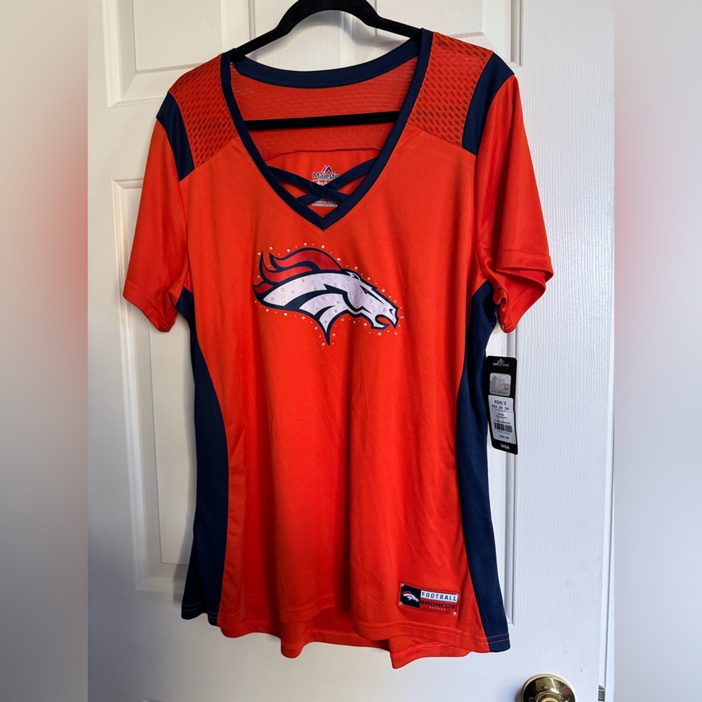 NWT Denver Broncos Women's Orange and Navy V-Neck Sports Top